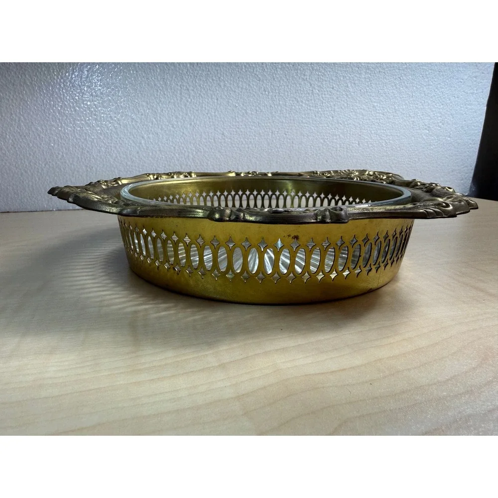 Vintage Brass‎ Gallery Tray Ornate Floral Rim Starburst Cut Glass Insert